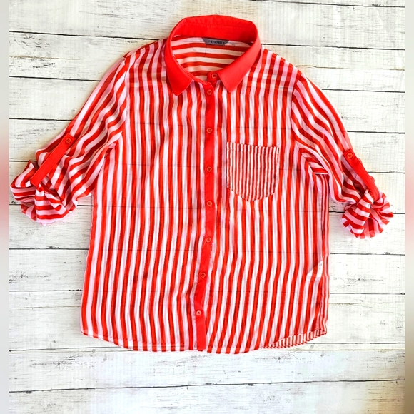 Me Sense Bright Orange & White Striped Collar Sheer Chiffon Button Up Blouse Top - Picture 3 of 11